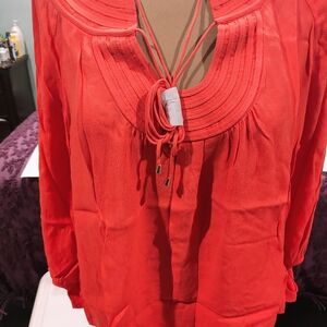 G.I.L.I. Coral Red Pintuck Peasant Blouse with Tie Neck